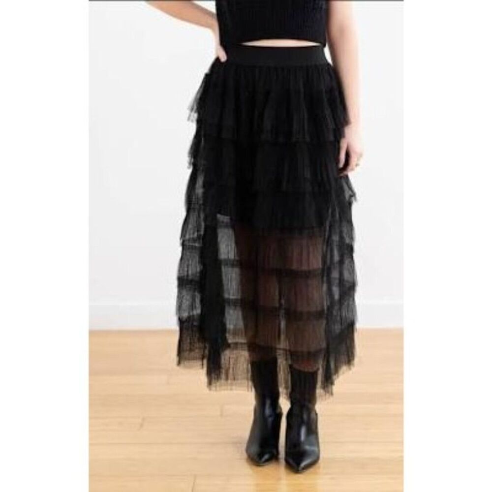 Elan Women’s Black Layered Tulle Midi Skirt Size L